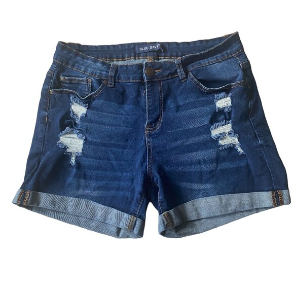 Blue Savvy Pants - Blue Savvy women's 14 dark wash blue cuffed ripped button zip stretchy shorts